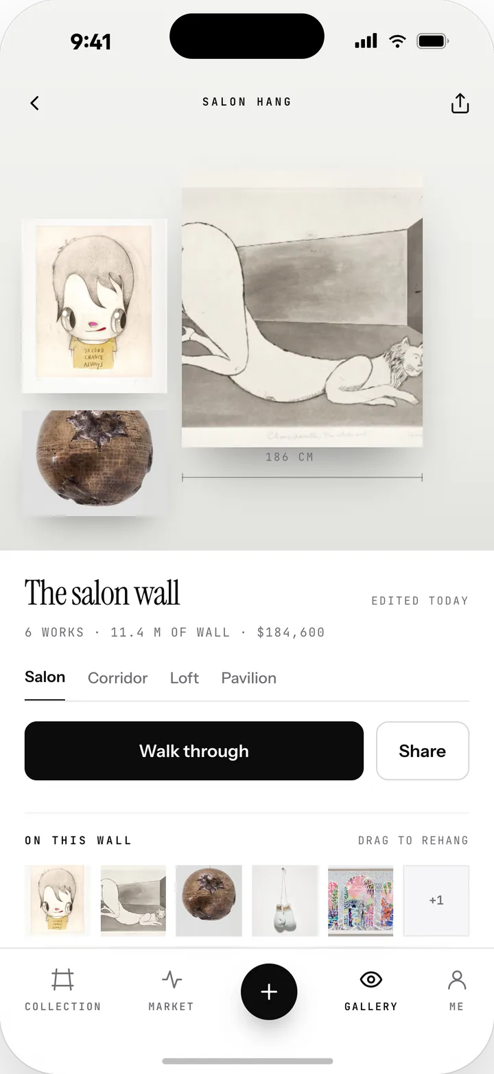 A private virtual gallery on iPhone: works hung along a wall, walkable.